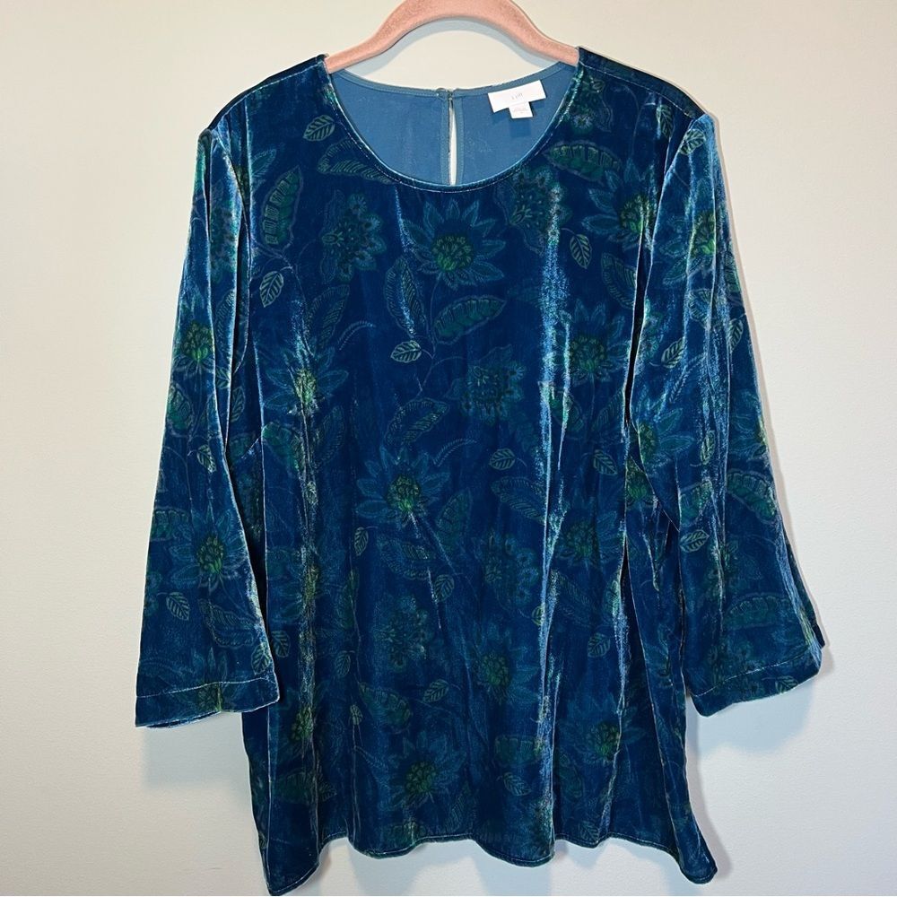 J. Jill Blue Green Floral Velvet Top Tunic Women’s Large